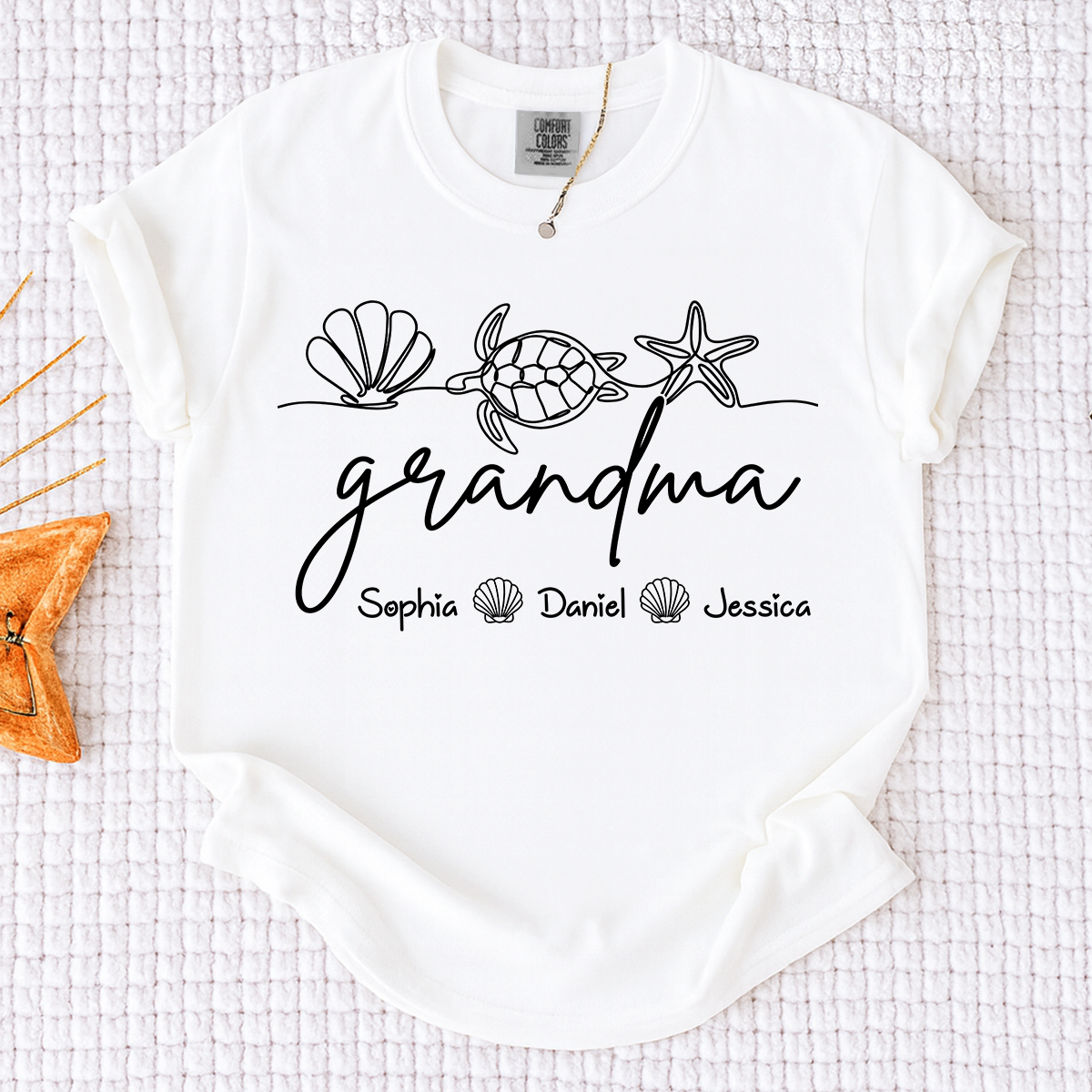 Comfort Colors Personalized Grandma Beach Shirt with Kids Names, Sea Turtle Shell Starfish Graphic Tee, Custom Grandma Summer Vacation Shirt