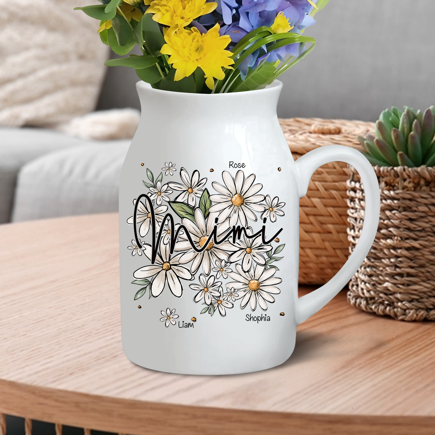 Daisy Mimi And Kids - Custom Home Decoration Flower Vase According To Family Requirements - Warm Gift For Mother's Day, Ceramic Flower Vase