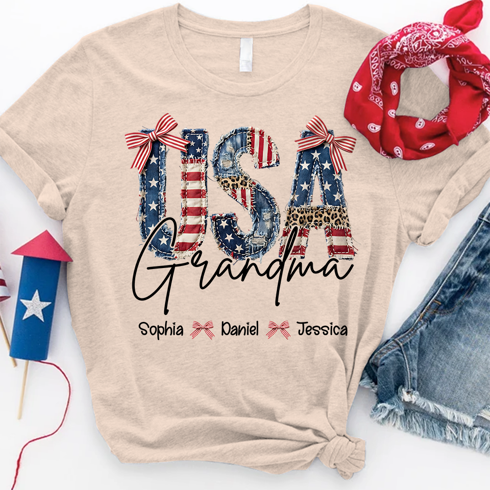 Custom Grandma T Shirt with Grandchildren Names Vintage USA Flag Patchwork Shirt Personalized Grandma Gift for Mom