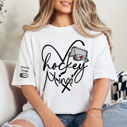 Hockey Heart Mimi Family Shirt, Custom Names and Hockey Puck Design Personalized Tee