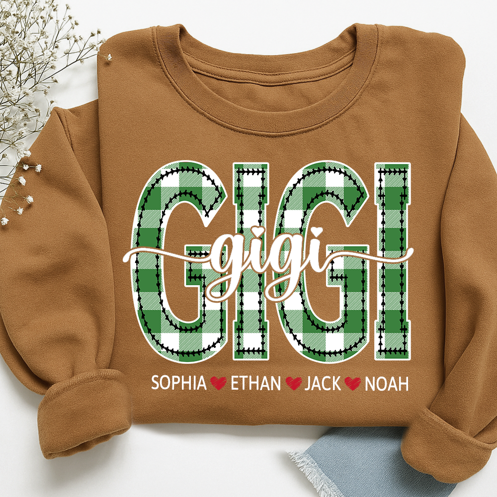 Personalized Gigi Sweatshirt, Custom Green Plaid Letters Shirt with Grandkids Names