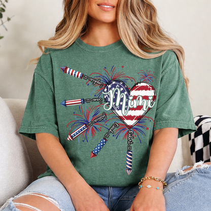 Patriotic Mimi Shirt with Firework Heart and American Flag Design for 4th of July