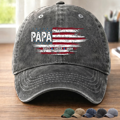 Father Day Shirt, Papa Ands Grandkids Flag American Personalized Custom Vintage Washed Denim Cap