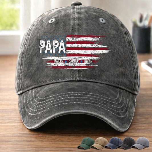 Father Day Shirt, Papa Ands Grandkids Flag American Personalized Custom Vintage Washed Denim Cap