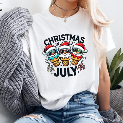 Christmas in July T-Shirt – Funny Summer Holiday Ice Cream Snowman Graphic Tee for Women