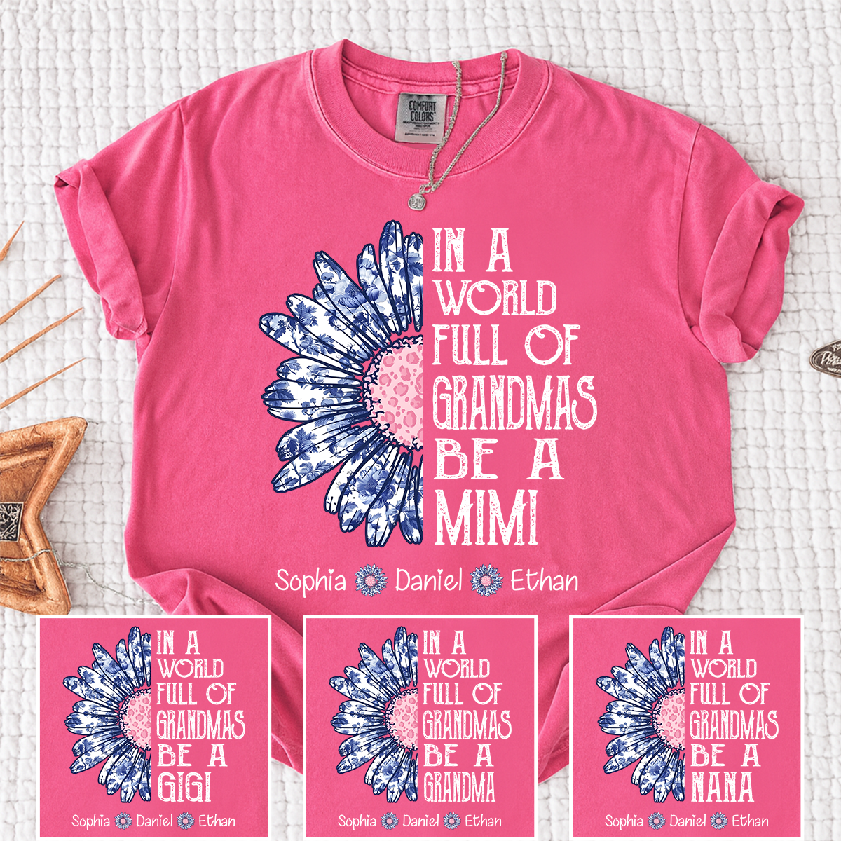 Comfort Colors Custom Mimi Shirt with Grandkids Names In a World Full of Grandmas Be a Mimi Daisy Flower Design Personalized Family Tee