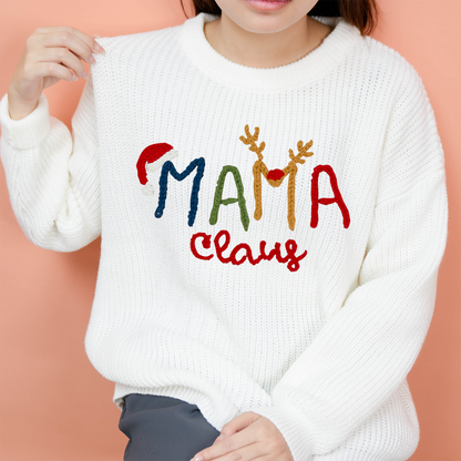 Custom Hand-Embroidered Christmas Knitted Sweater – Personalized Mama Claus Sweater with Festive Design