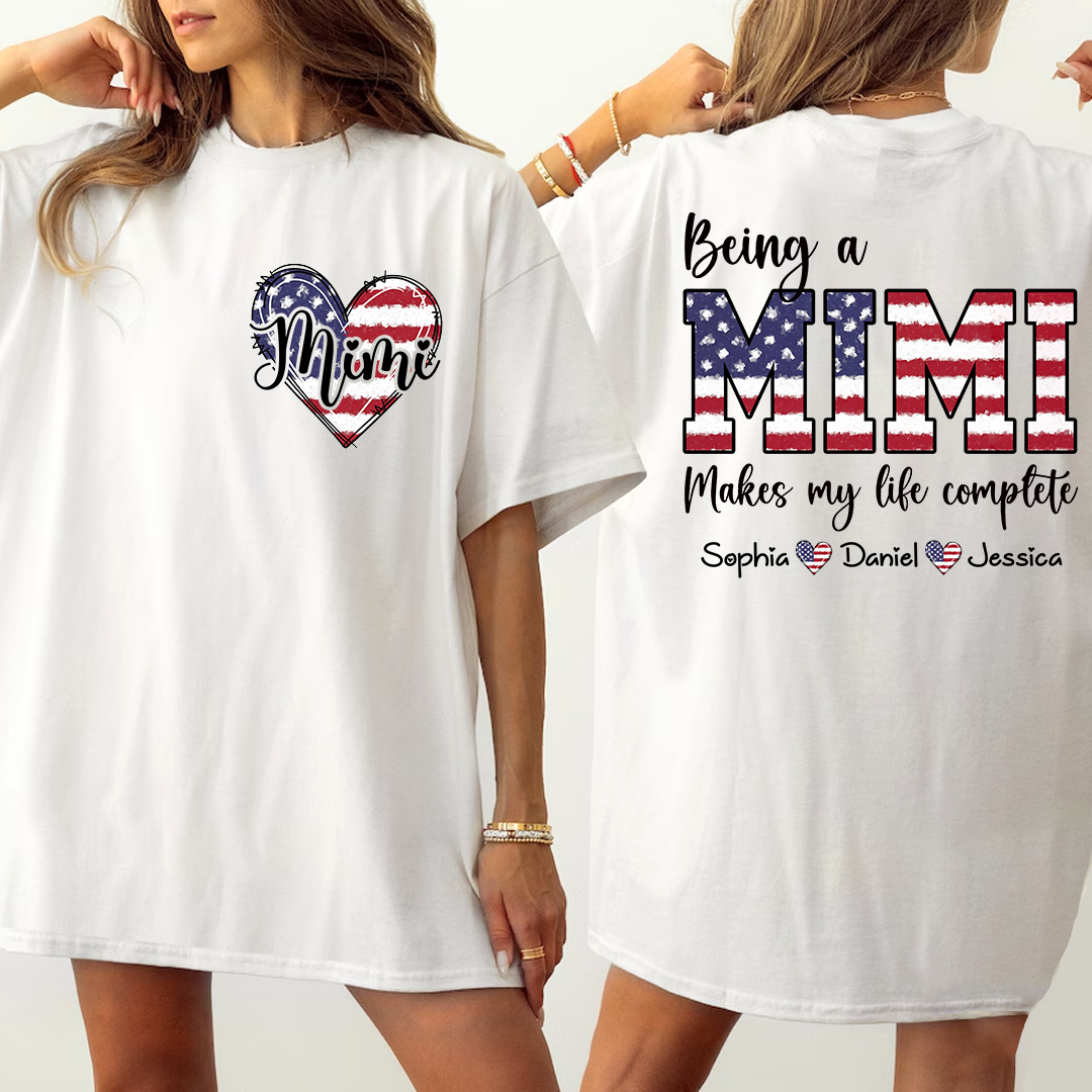 Mimi American Flag Heart Shirt, Personalized Grandma T-Shirt with Children’s Names, Gift for Mom or Nana