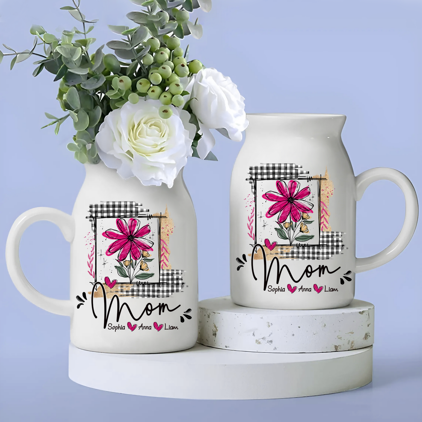 Artistic Checkered Wildflowers As A Gift For Grandma And Kids - Custom Home Decoration Flower Vase According To Family Requirements - Warm Gift For Mother's Day, Ceramic Flower Vase
