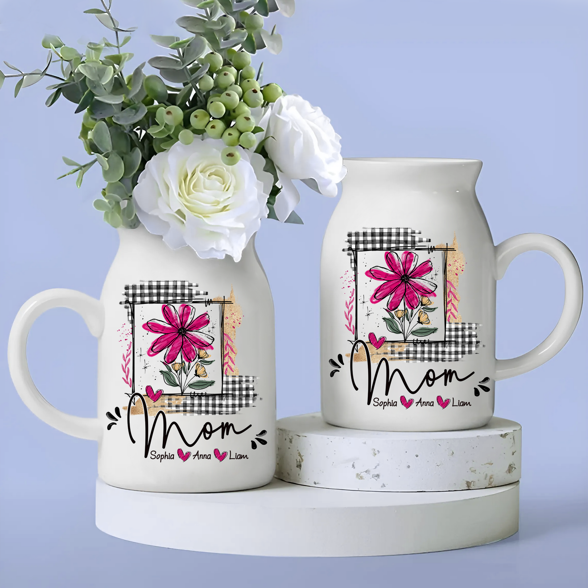 Artistic Checkered Wildflowers As A Gift For Grandma And Kids - Custom Home Decoration Flower Vase According To Family Requirements - Warm Gift For Mother's Day, Ceramic Flower Vase