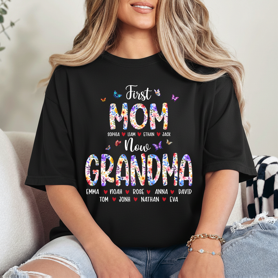 First Mom I Love Grandma Shirt, Personalized Grandma T-Shirt with Custom Family Names