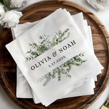 Elegant Greenery Wedding Napkins, Cocktail Napkins, Personalized Wedding, Engagement Party, Rehearsal Dinner, Modern Wedding, Party Decor