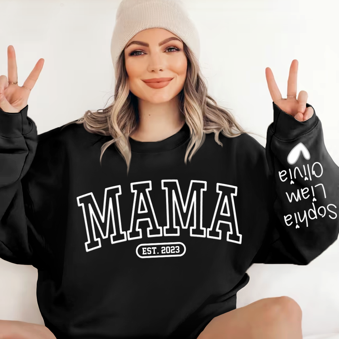 Mama Sweatshirt With Personalized Child's Name Embossed On Sleeve, Mother's Day Gift LTP01