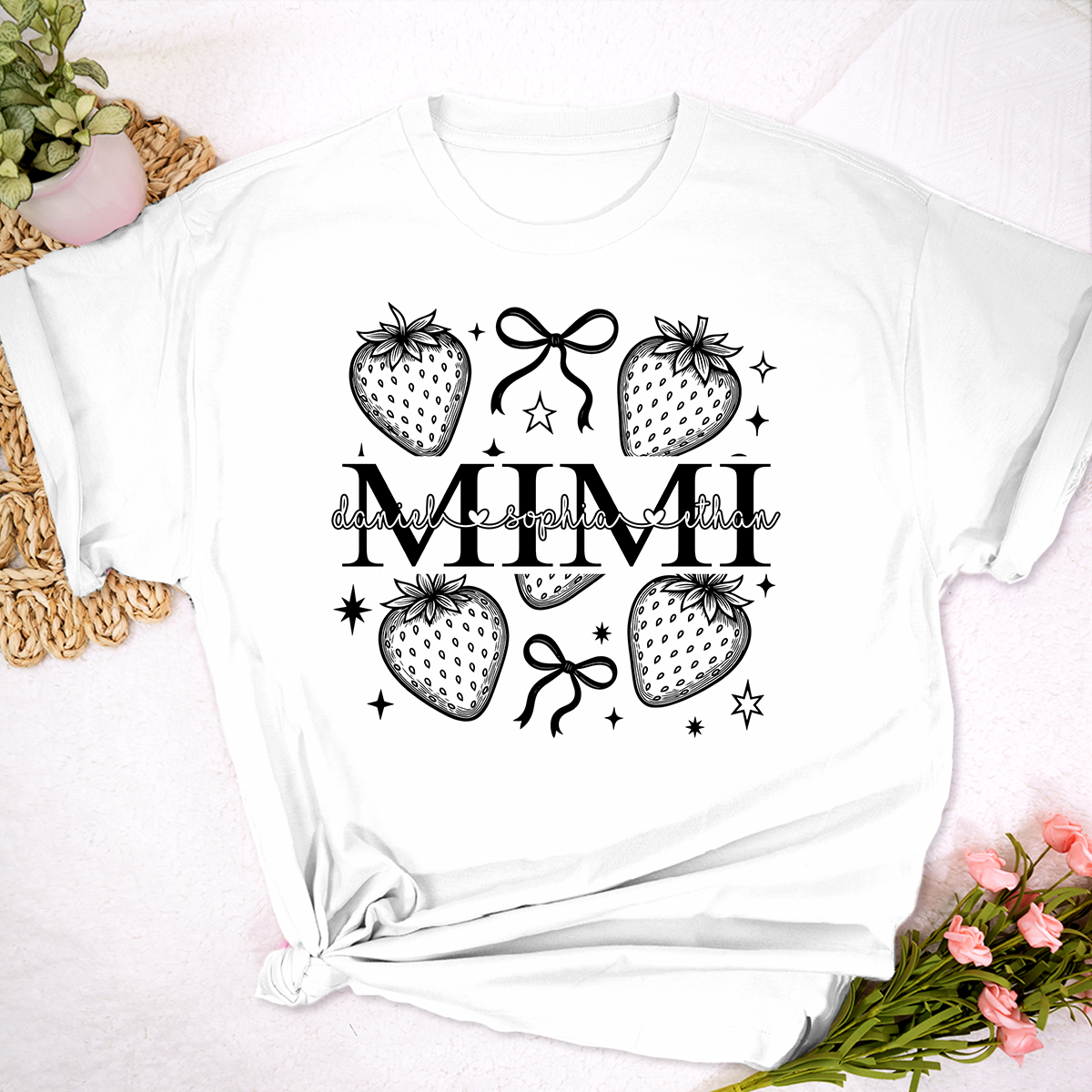 Personalized Mimi Strawberry Shirt, Custom Grandkids Names Floral Bow T-Shirt, Cute Grandma Gift, Summer Fruit Apparel