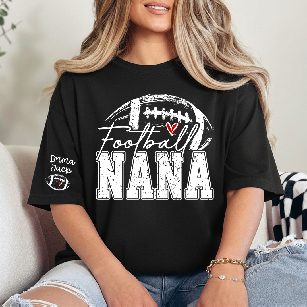 Personalized Nana Football Shirt with Heart, Custom Football Tee Kids Names And Grandma