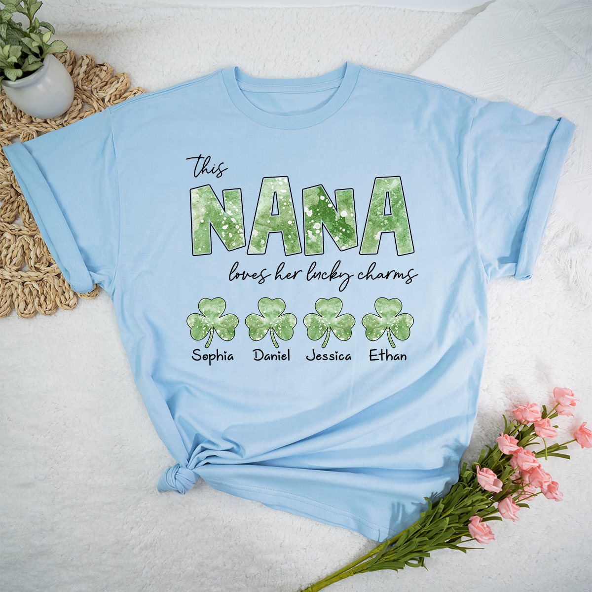 This Nana Loves Her Lucky Charms Grandma Shirt, Custom Name Shamrock T Shirt, St Patrick’s Day Nana Gift from Grandkids