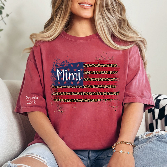 Personalized Mimi American Flag Shirt Leopard USA Flag Custom Kids Names T Shirt Patriotic Grandma Gift Fourth of July Family Matching Tee