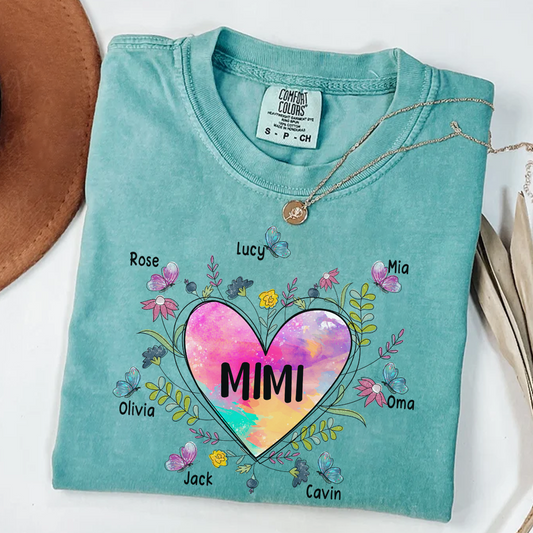 Comfort Colors® Personalize Mimi Flower Heart Shirt, Custom Grandma And Grandkids Shirt, Gifts For Grandma Shirt