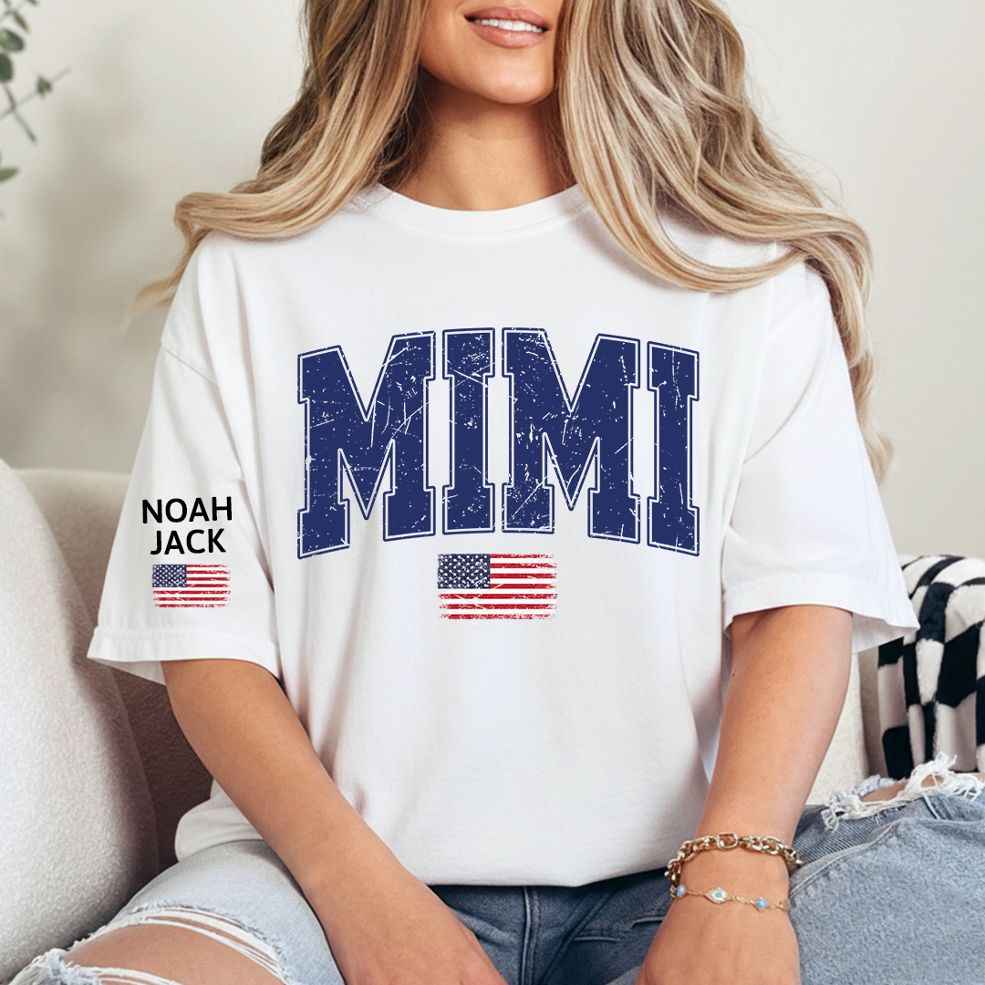 Mimi Patriotic Shirt with American Flag, Personalized Grandkids Names Family T Shirt
