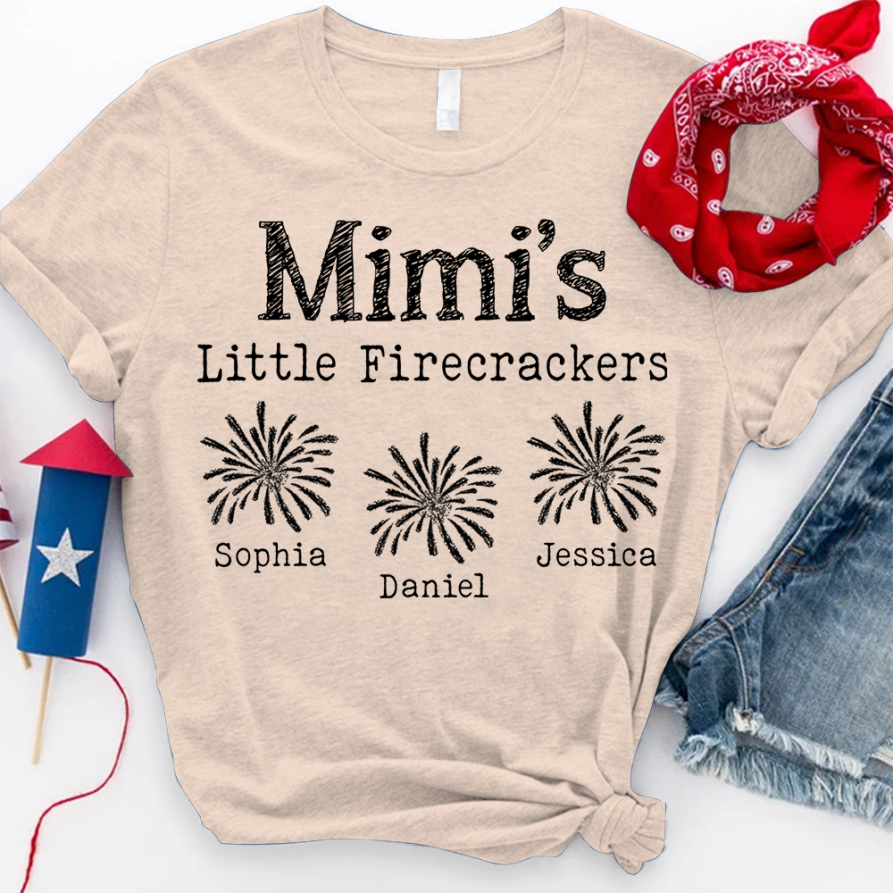 Mimi's Little Firecrackers Personalized T Shirt with Custom Kids' Names, Perfect for Independence Day