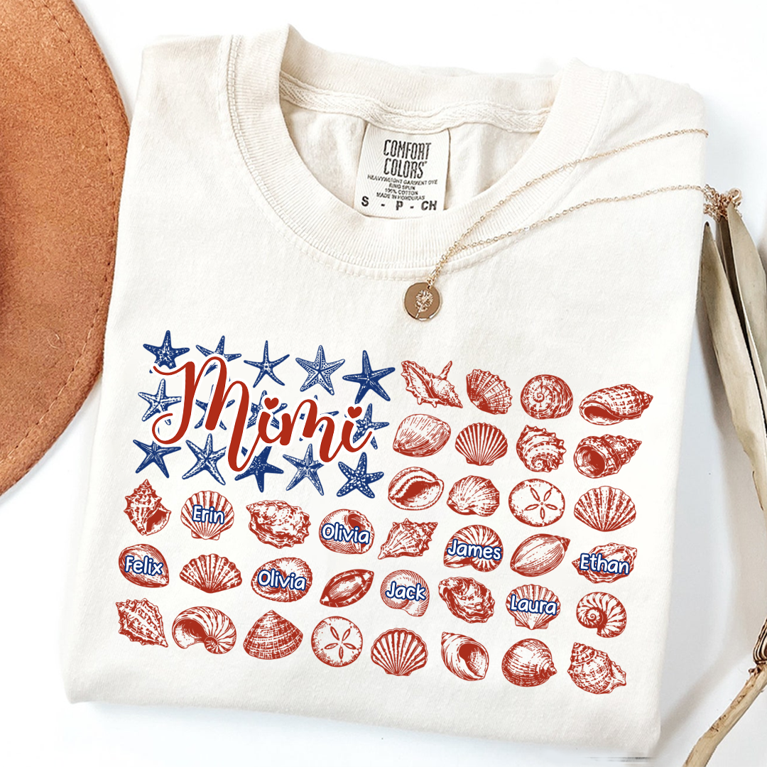 Comfort Colors Custom Mimi Shirt with Kids Names, Personalized Beach Shells Grandma Tee, Summer Family Vacation Gift for Grandmother