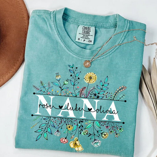 Comfort Colors® Wildflower Grandma Color T-Shirt, Custom Grandma With Grandkids Shirt