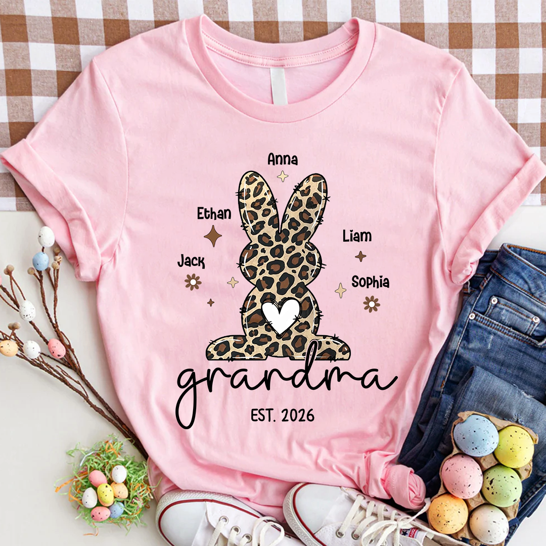 Personalized Grandma Easter Bunny Leopard Print T-shirt, Custom Grandma And Kids