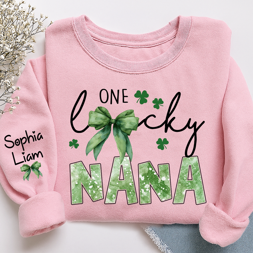 One Lucky Nana Sweatshirt for St Patrick’s Day, Personalized Grandma Shamrock Clover Sweatshirt with Kids Names