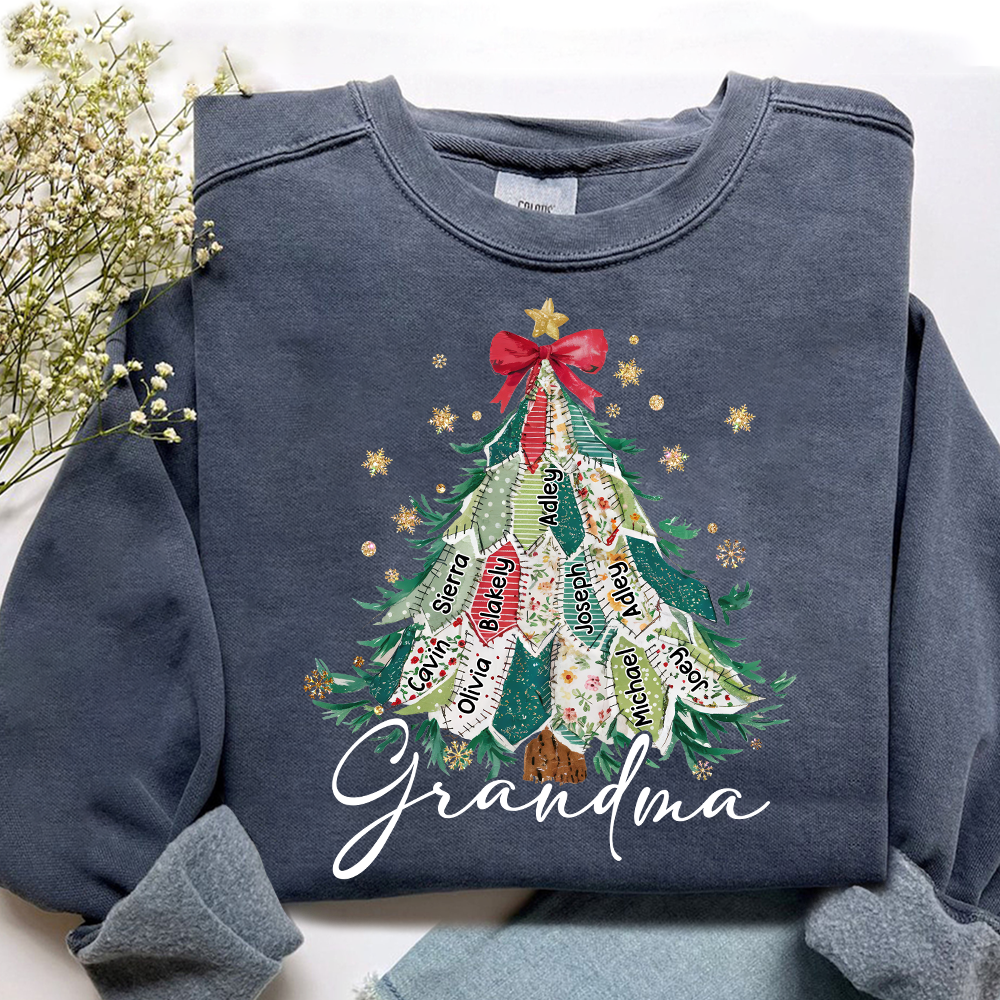 Personalized Grandma Christmas Sweatshirt, Custom Name Tree Ribbon Holiday Shirt
