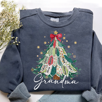 Personalized Grandma Christmas Sweatshirt, Custom Name Tree Ribbon Holiday Shirt