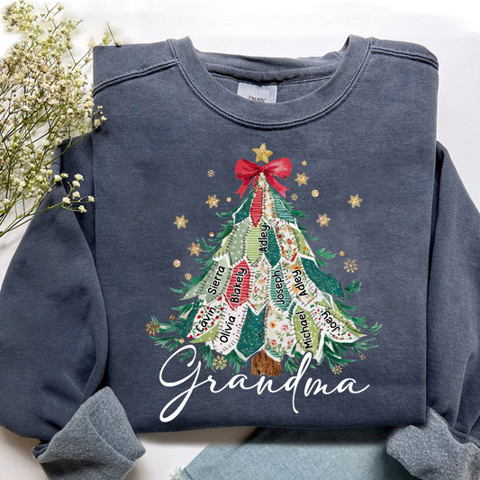 Personalized Grandma Christmas Sweatshirt, Custom Name Tree Ribbon Holiday Shirt