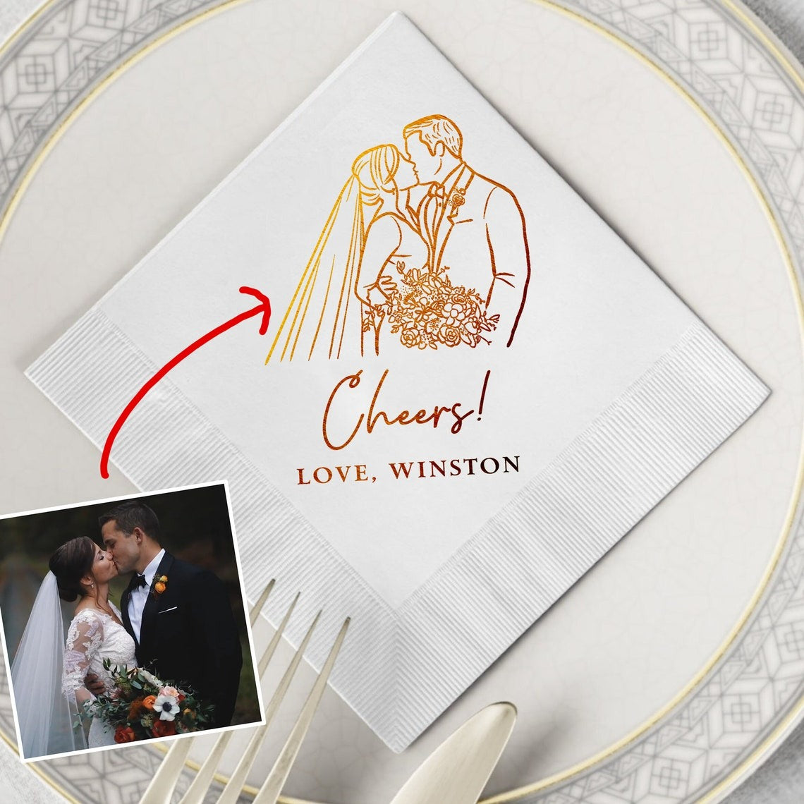 Wedding Personalized Couple Dinner Napkins, Custom Illustrated Wedding Napkins, Custom Napkins, Wedding Napkins, Engaged Napkins