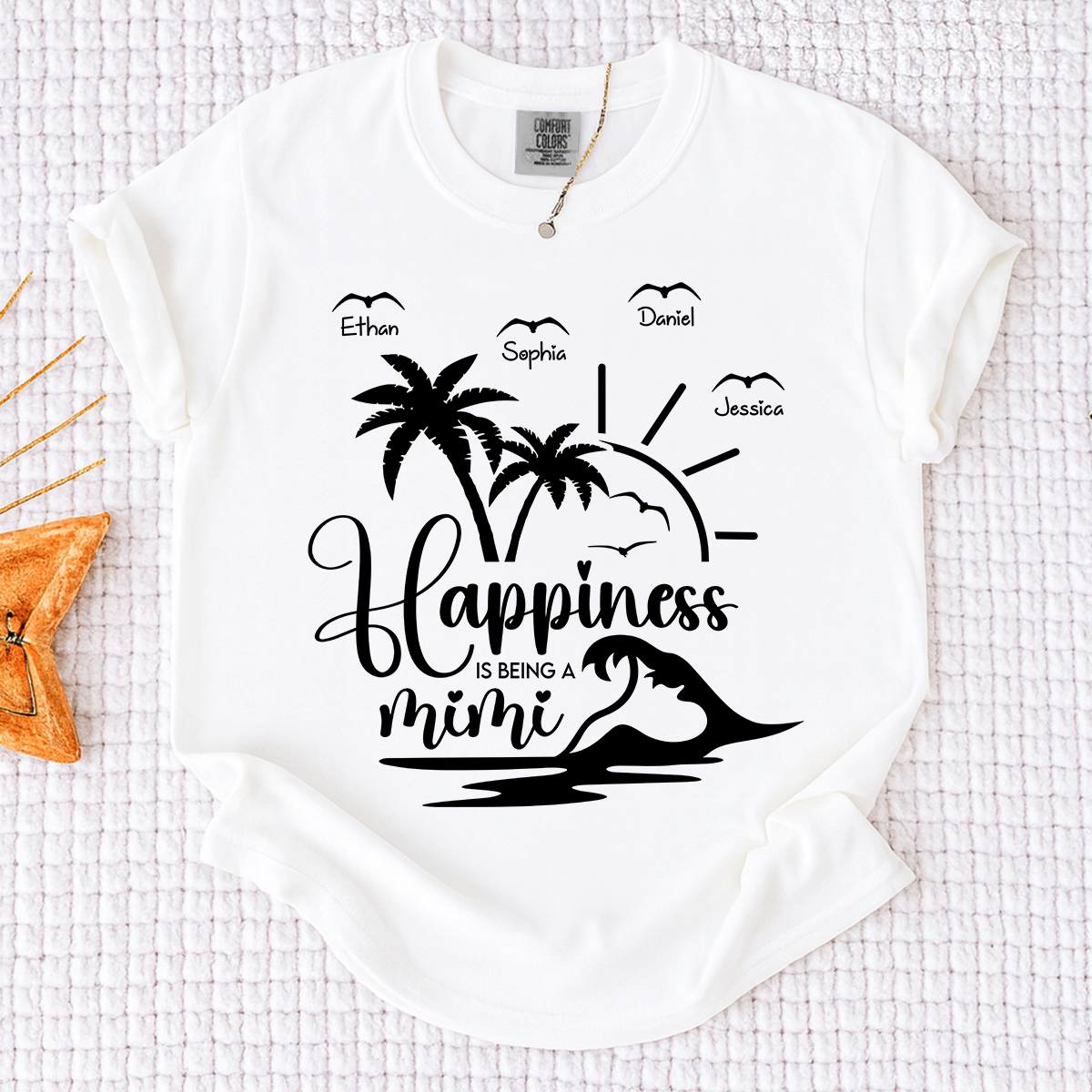 Comfort Colors Personalized Mimi Beach Shirt with Grandkids Names, Happiness Is Being a Mimi Tee, Custom Summer Grandma Gift