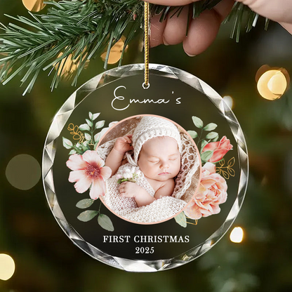 Custom Baby’s First Christmas Photo Ornament 2025 – Personalized Glass Keepsake, Floral Holiday Gift for Family & Loved Ones Round Glass Ornament
