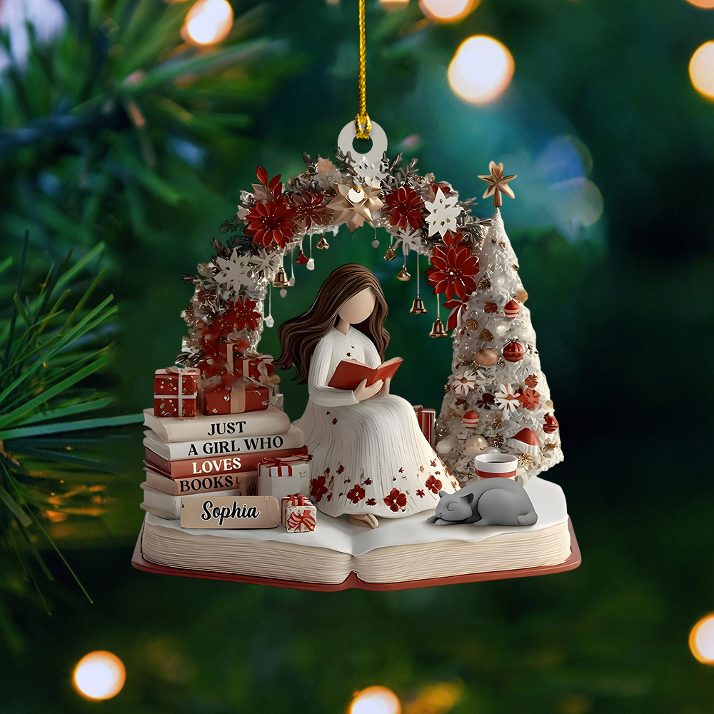 Personalized Book Lover Ornament – Custom Girl Reading Figure Christmas Decor for Readers Ornament