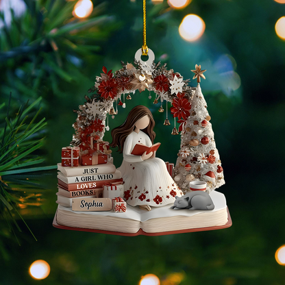 Personalized Book Lover Ornament – Custom Girl Reading Figure Christmas Decor for Readers Ornament