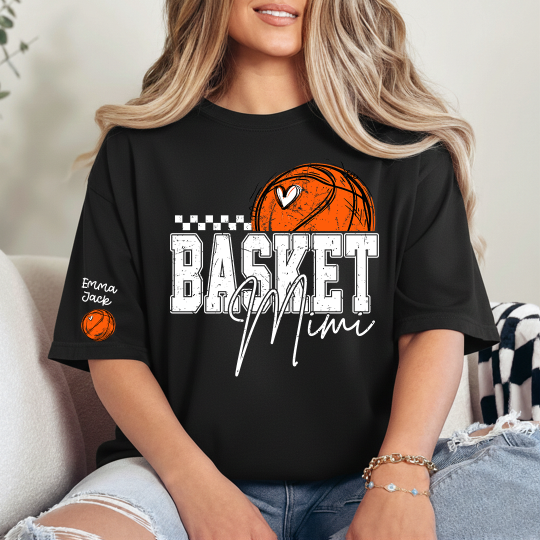 Custom Basketball Mimi Shirt, Personalized Family Tee with Grandchildren Names and Basketball Graphic