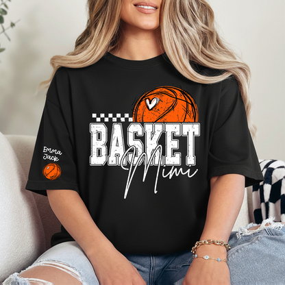 Custom Basketball Mimi Shirt, Personalized Family Tee with Grandchildren Names and Basketball Graphic