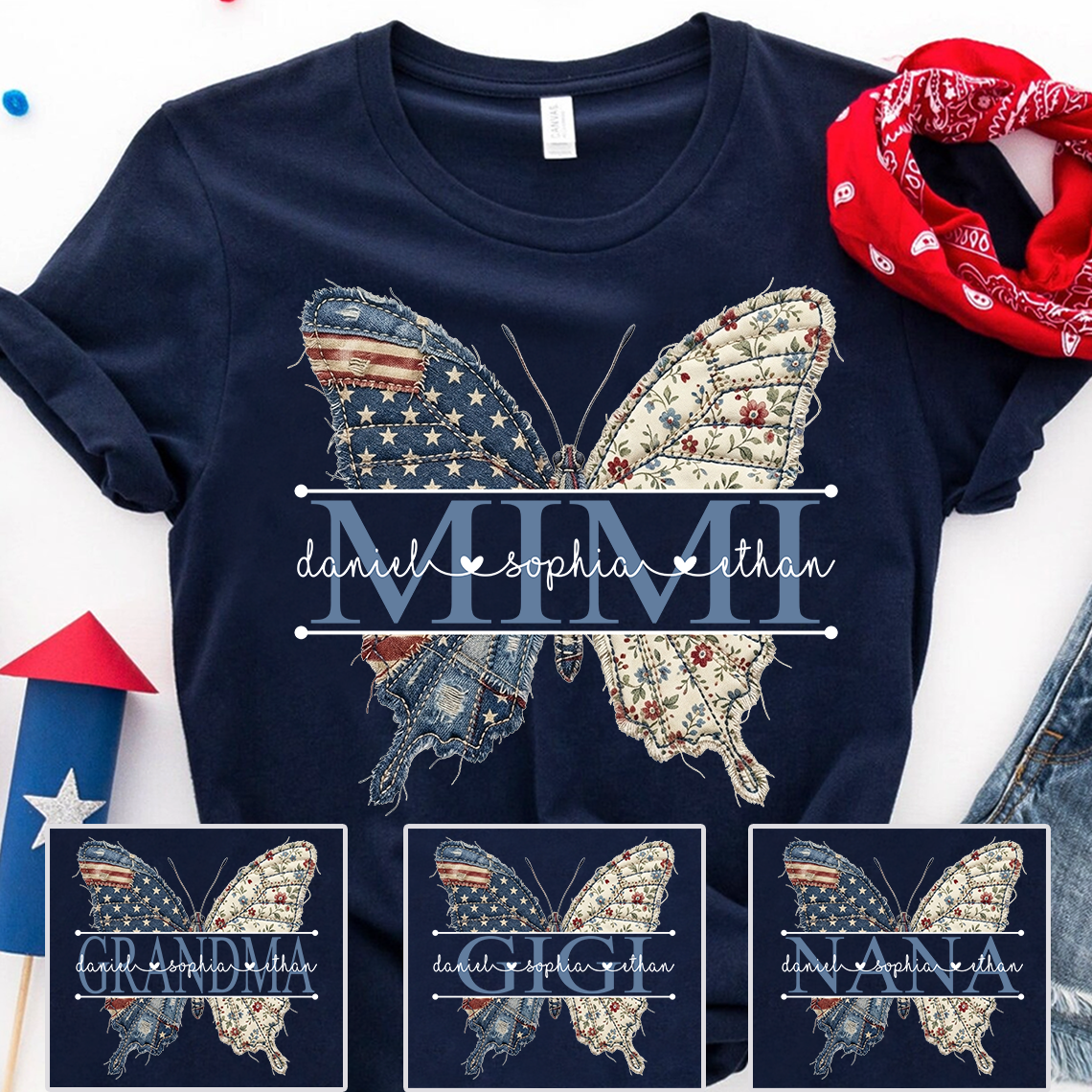 Custom Mimi Butterfly T-Shirt, Patriotic 4th of July Gift For Grandma And Kids
