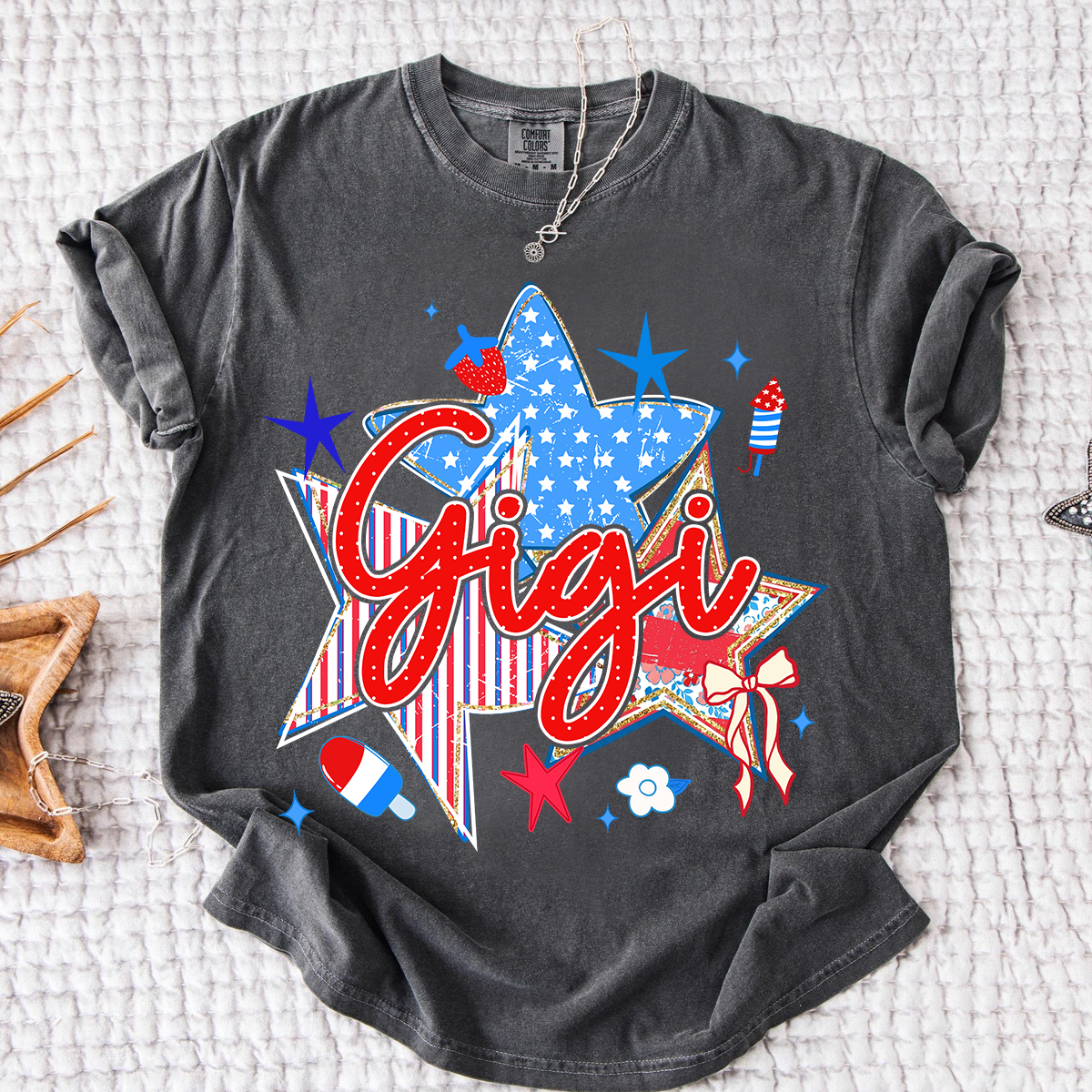 Comfort Colors® Personalized Gigi 4th of July Shirt, Patriotic Star Graphic Tee, Custom Grandma T Shirt, Independence Day Gift for Gigi