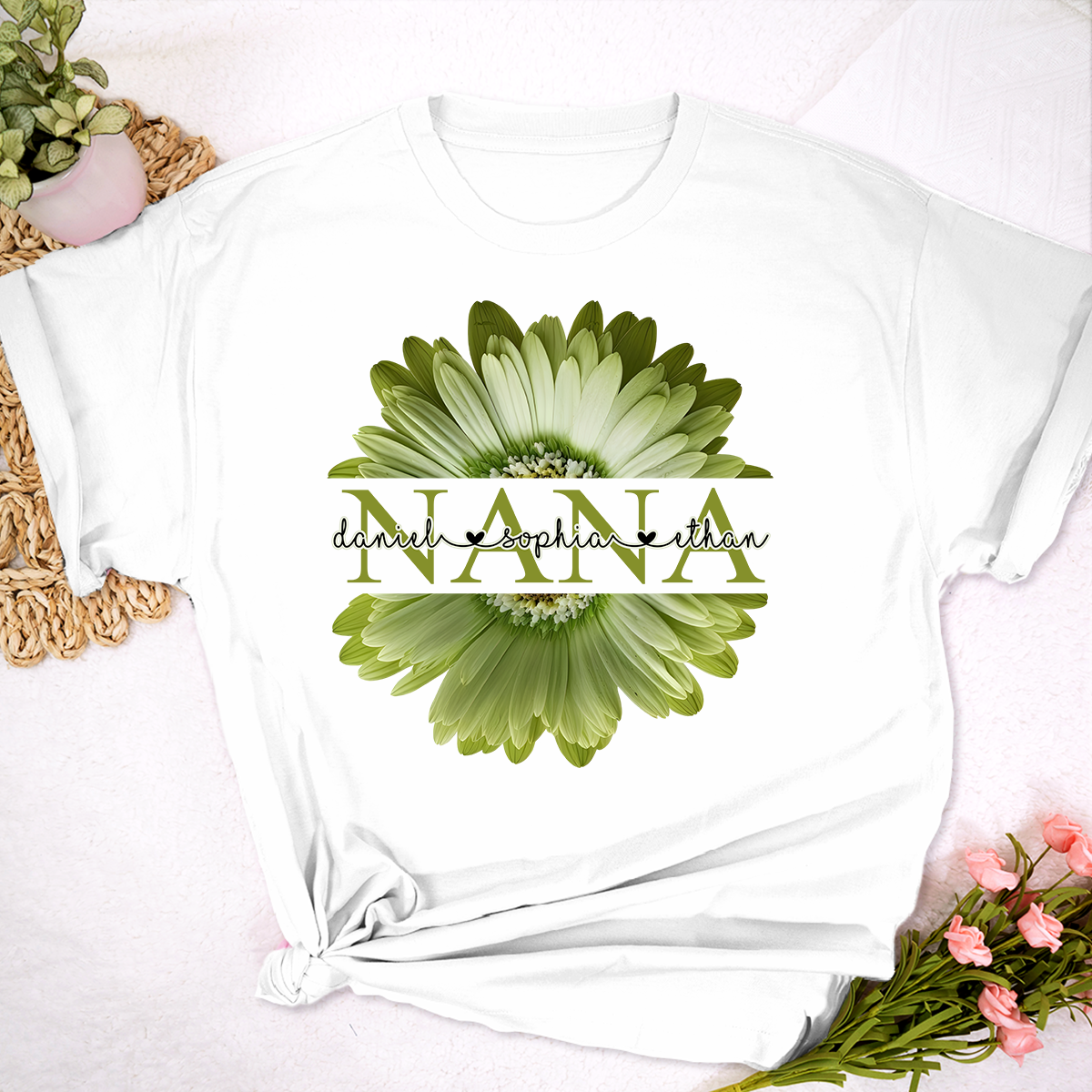 Custom Nana Shirt with Large Green Flower – Personalized Grandma Gift Featuring Grandkids Names
