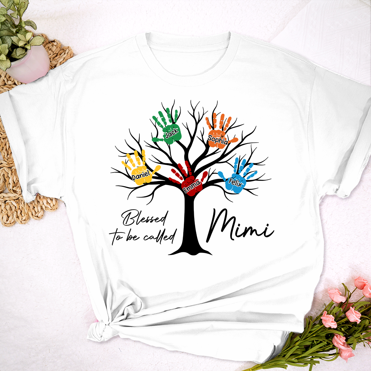 Personalized Mimi Shirt Blessed To Be Called Mimi Custom Grandkids Names Handprint Tree Grandma Gift