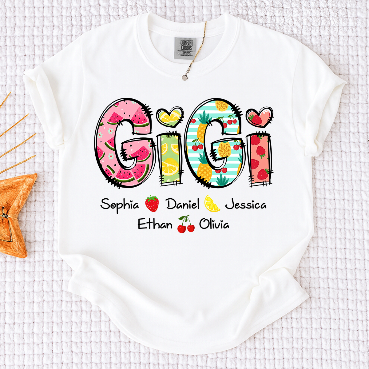 Comfort Colors Custom Gigi Shirt with Kids Names, Personalized Grandma Summer T Shirt, Fruit Pattern Graphic Tee for Nana Mimi Grammy