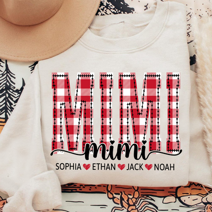 Custom Mimi Sweatshirt, Plaid Christmas Grandma Shirt with Kids Names