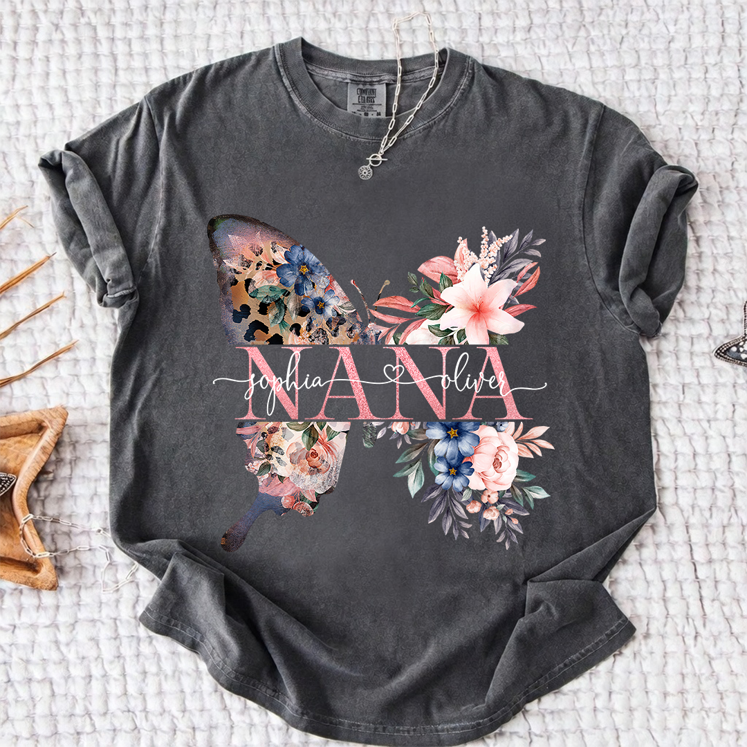 Comfort Colors Personalized Nana Shirt with Floral Butterfly Design Custom Name Grandma Mimi Gigi Family Tee Unique Grandkids Names Gift for Her