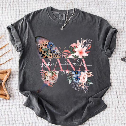 Comfort Colors Personalized Nana Shirt with Floral Butterfly Design Custom Name Grandma Mimi Gigi Family Tee Unique Grandkids Names Gift for Her