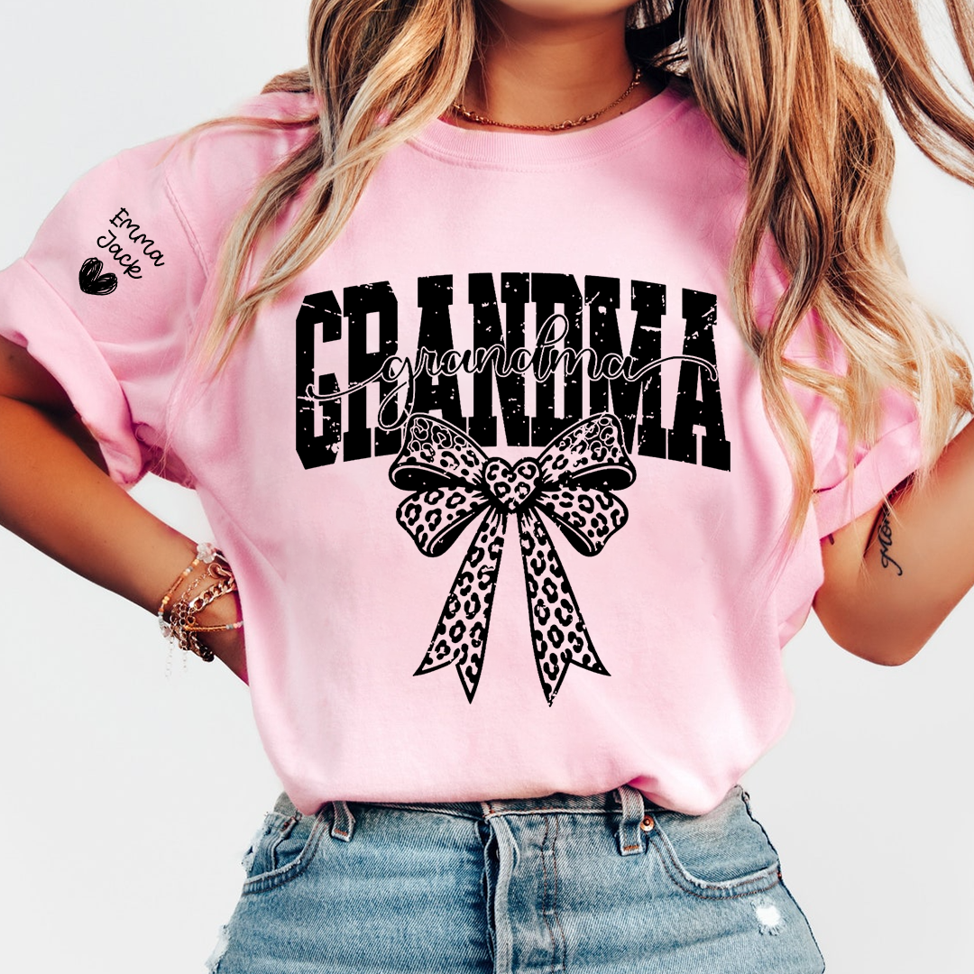 Personalized Grandma T-Shirt with Leopard Print Bow and Custom Grandkids Names