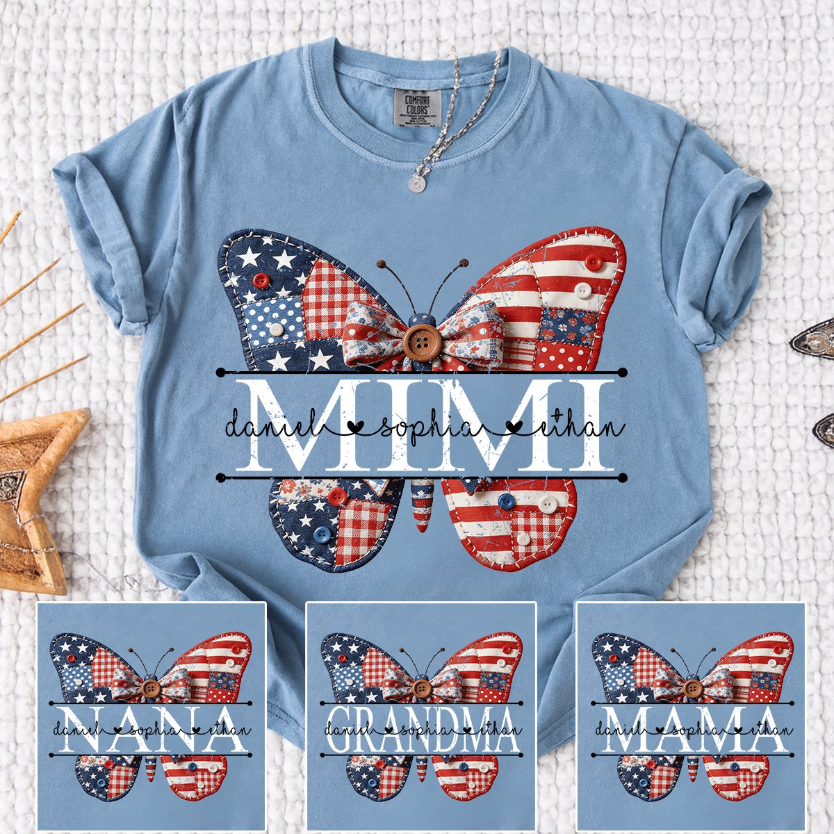 Comfort Mimi Patriotic Shirt, Custom Names with USA Flag and Floral Butterfly Graphic