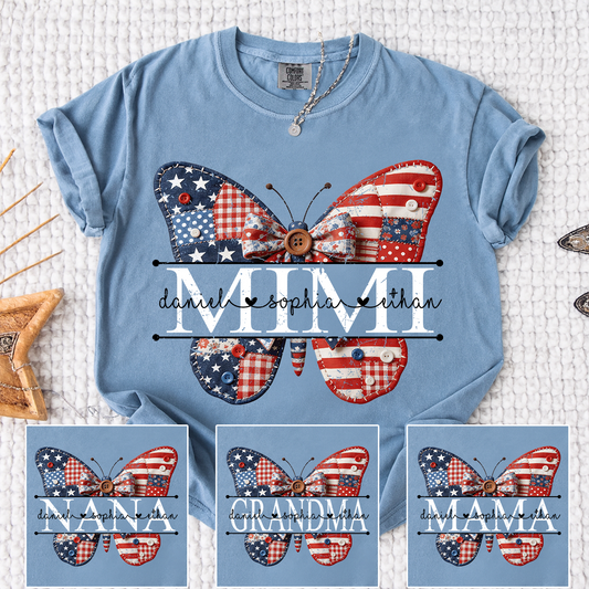 Comfort Mimi Patriotic Shirt, Custom Names with USA Flag and Floral Butterfly Graphic