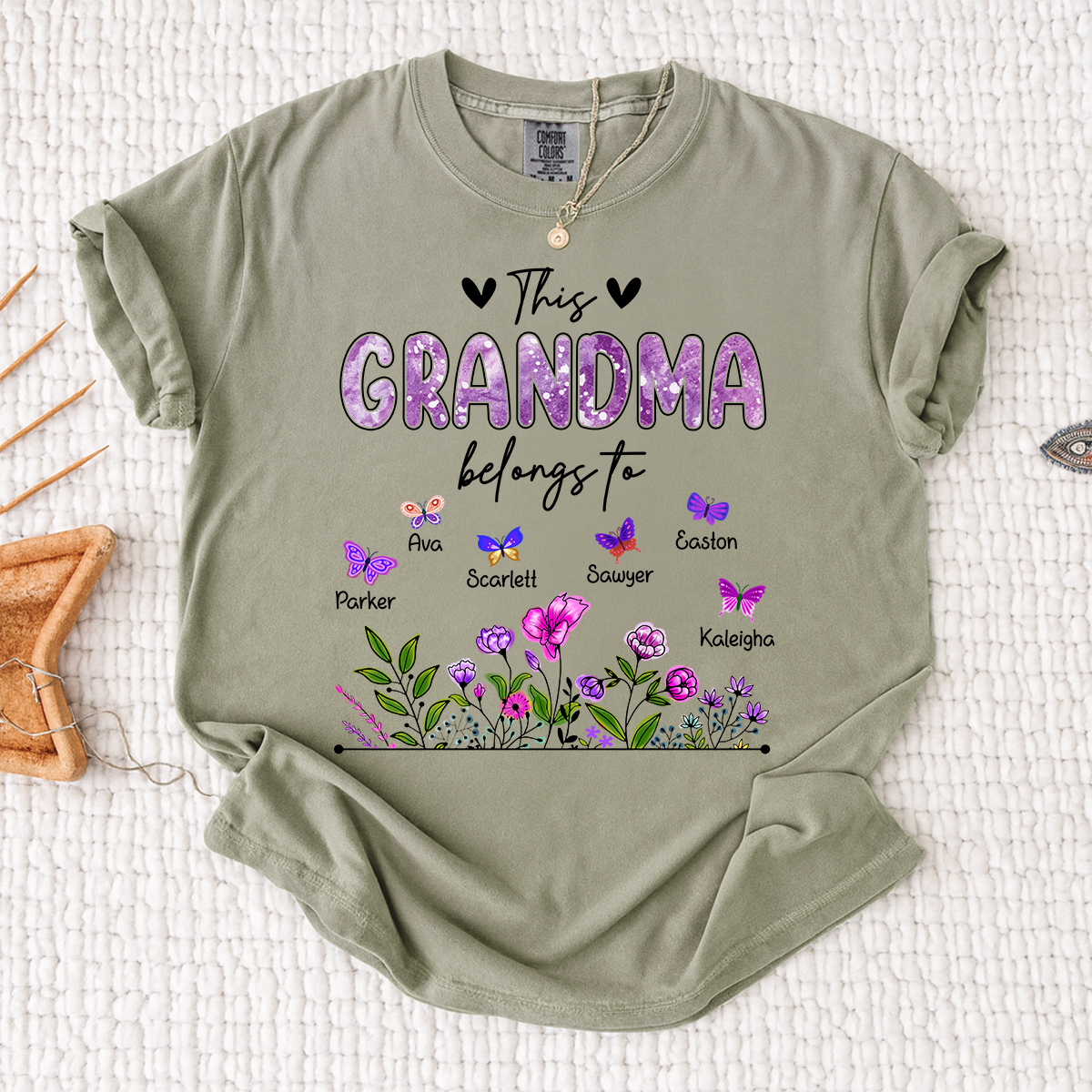 Comfort Colors® This Grandma Belongs To Tee, Custom Grandma Shirt with Grandkids Names, Floral Garden Theme, Meaningful Family Apparel